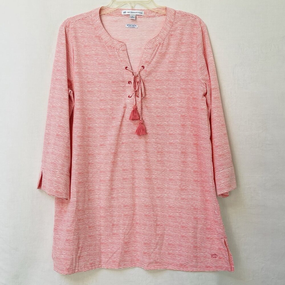 Southern Tide Haley Intercoastal Striped Tunic Blouse Womens L Nautical Tassels